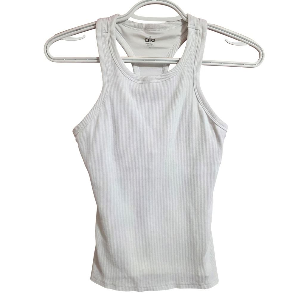 Alo Women Small Tank Top White Ribbed Racerback Built In Bra Activewear Yoga